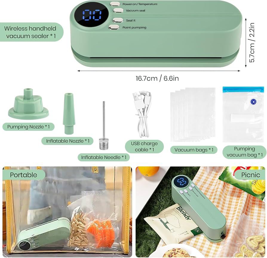 Mini Cordless Vacuum Sealer,3-in- 1 Handheld Vacuum Sealer, Rechargeable Resealer Machine, Portable Bag Sealing, Travel, Food Storage (Multicolor)