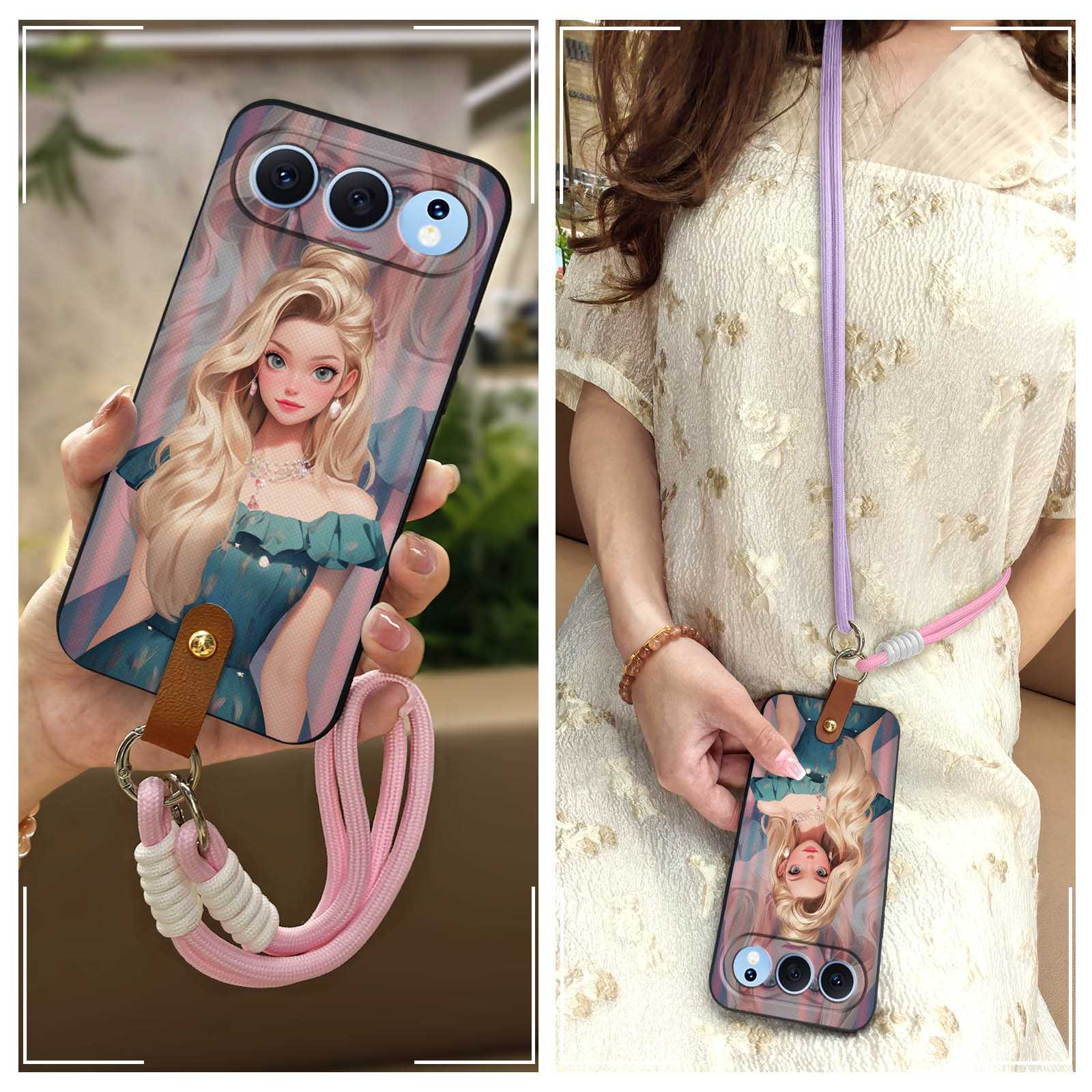 protective Cartoon Phone Case For Honor 500 China Necklace Diagonal Silicone Crossbody Full wrap Graffiti Lanyard Cute