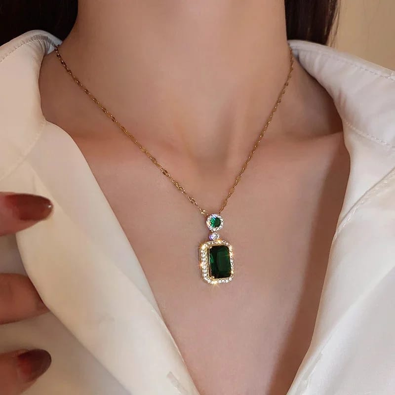 Masala Cottage - Square Solid Green Black Color Pendant Stainless Steel Necklace For Women