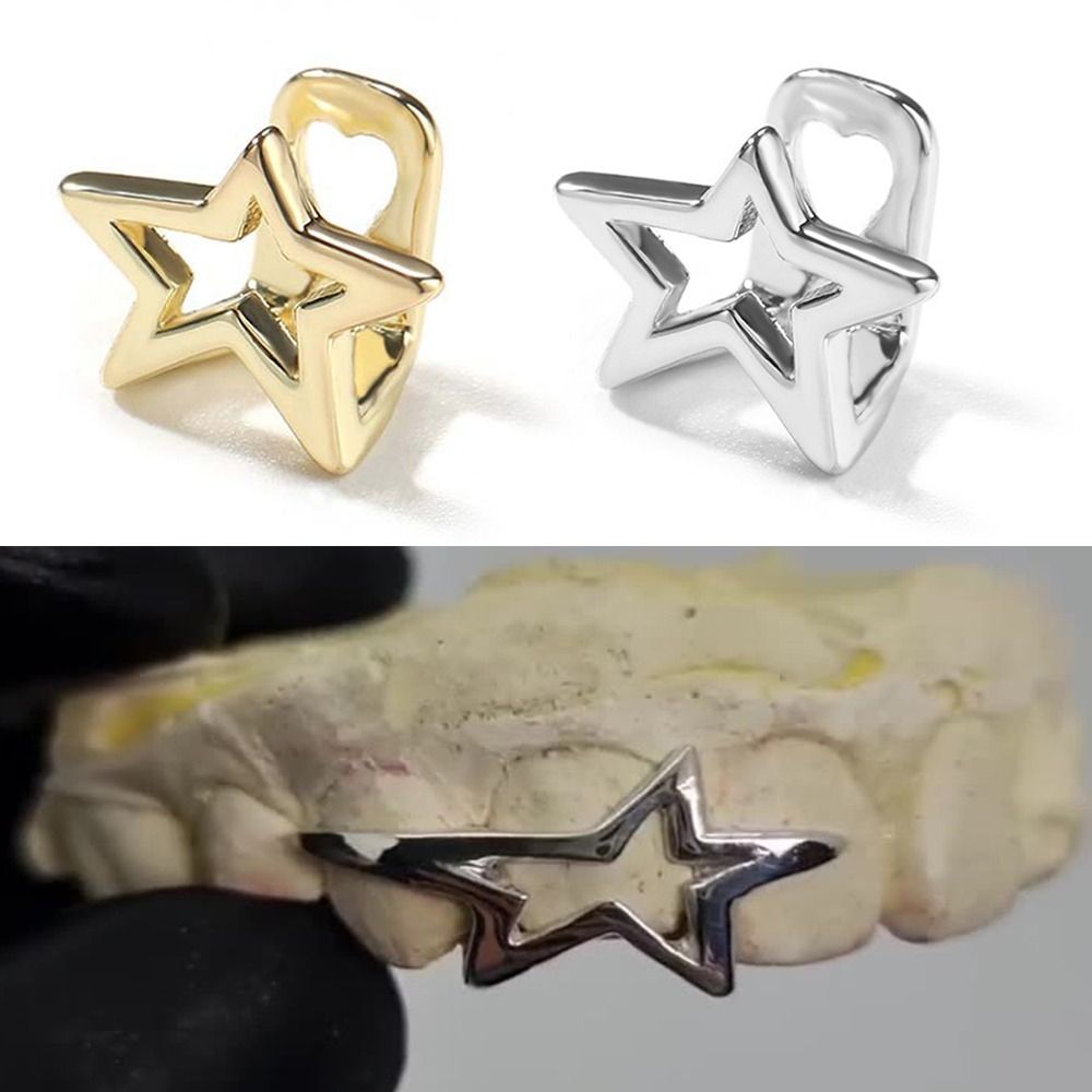 Hollow Star Teeth Grillz Hip Hop Gold Silver Color Pentagrams Tooth Caps For Women Men Jewelry Party