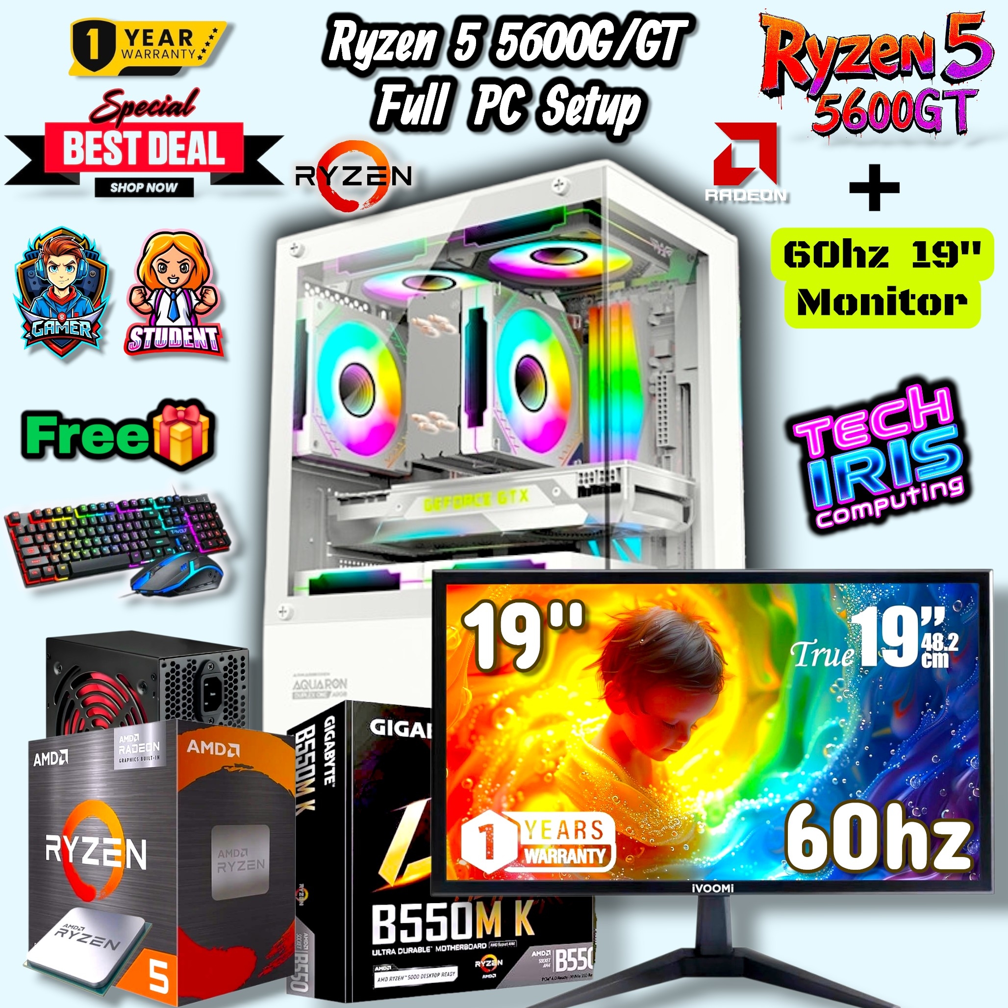 AMD Ryzen 5 5600G/GT Transparent Gaming PC Setup Pairs 19" 60hz Monitor With 800Watt PSU, B550M/A520M Board, 8/16GB DDR4 RAM, 512/256GB Nvme M.2 SSD Gaming CPU Desktop.