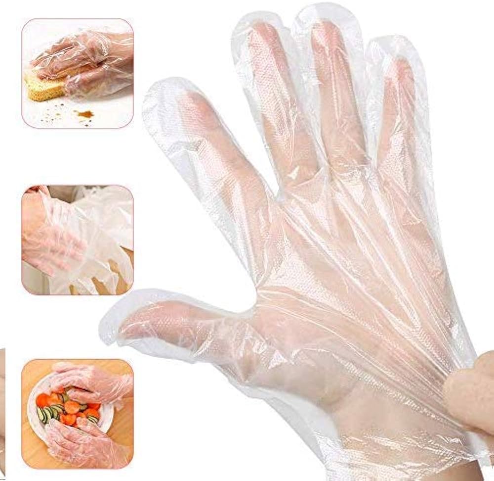 Disposable Plastic Hand Gloves Pack of 100 Pcs | Handgloves for Cooking, Dishwashing, Hair Coloring, Cleaning | Latex-Free, Food Safe, Kitchen Gloves For Cutting Vegetables