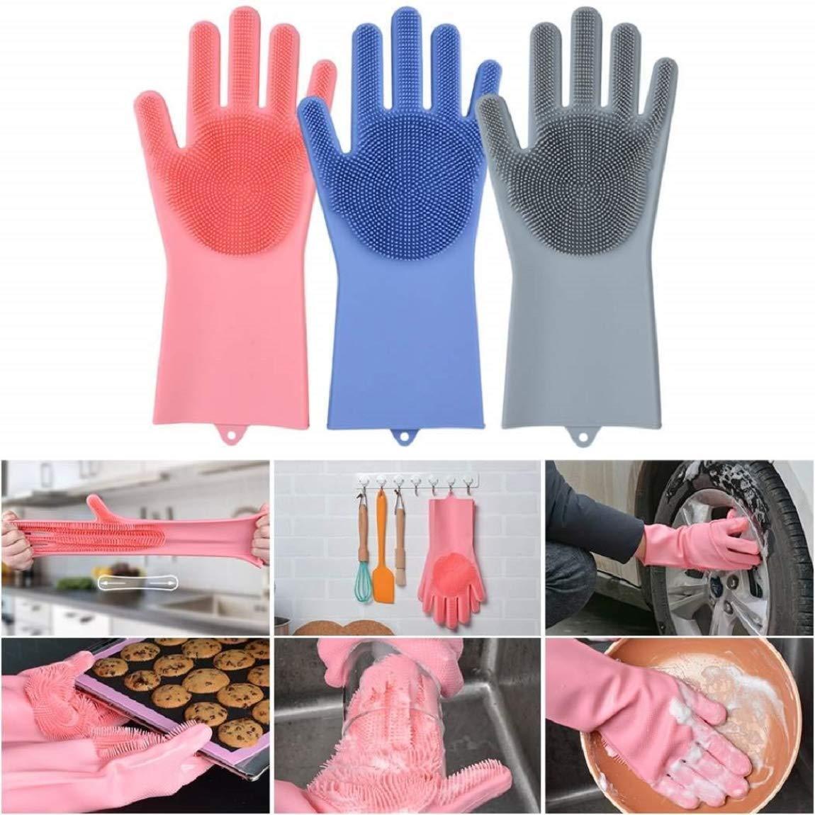 Magic Silicone Gloves - 1 Pair Scrub Cleaning Gloves with Scrubber for Dishwashing and Pet Grooming, Latex Free 160 gm