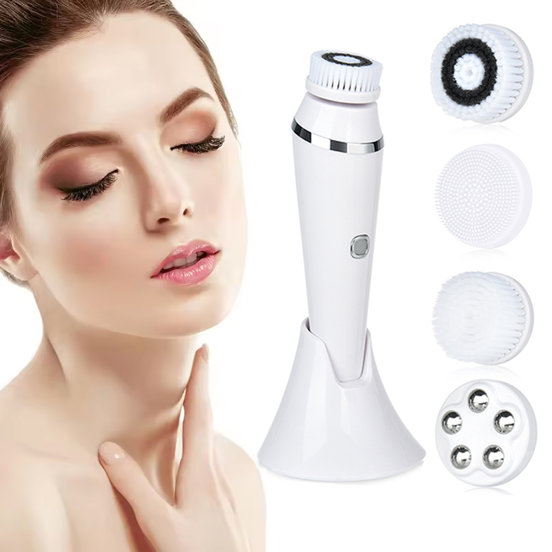 High Quality Waterproof Ipx7 Facial Cleansing Brush 4 in1 Set Rechargeable Deeping Cleansing Spin Facial Brush With Massage Head