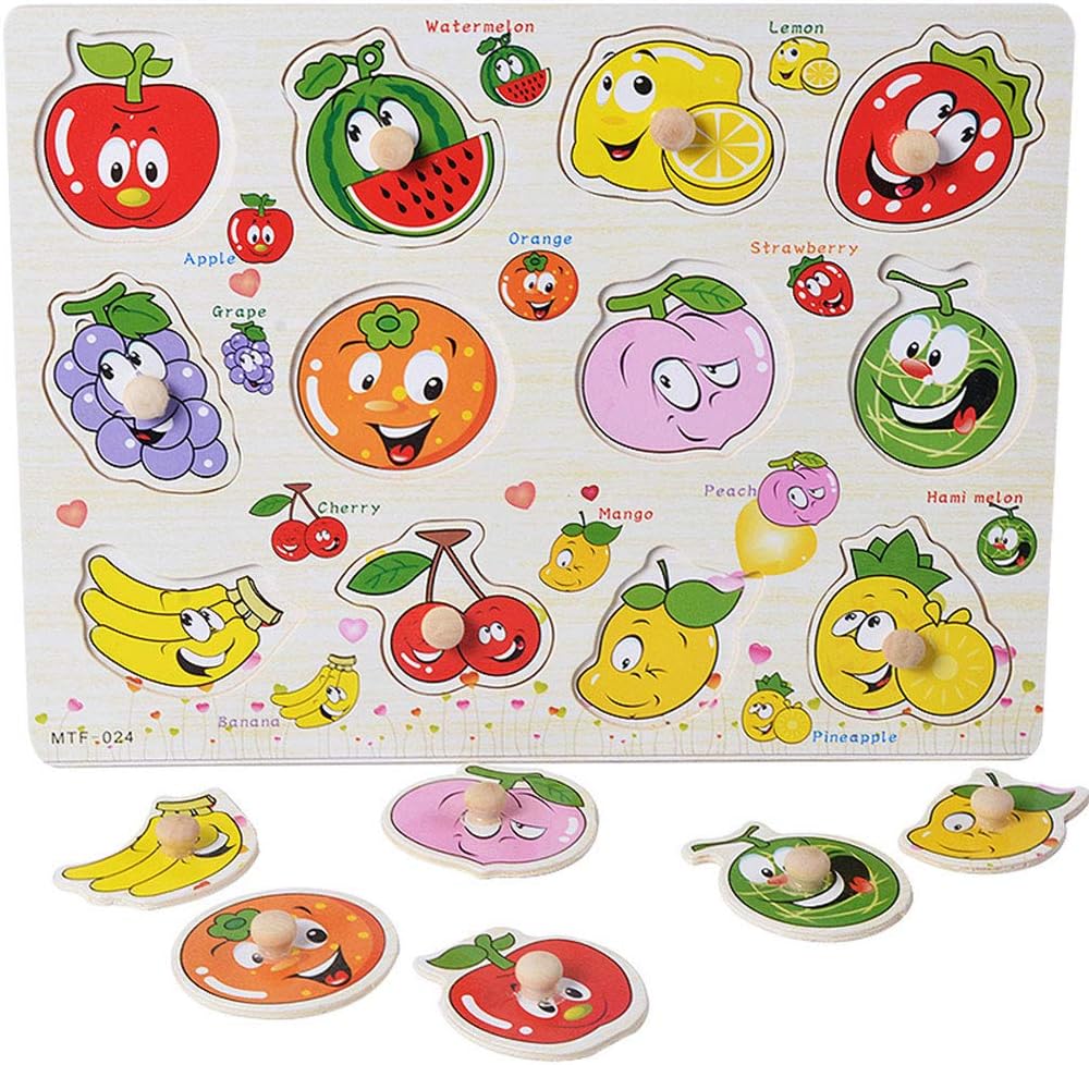Educational Wild Fruits Shapes And Names Wooden Pin Puzzle Board For Kids