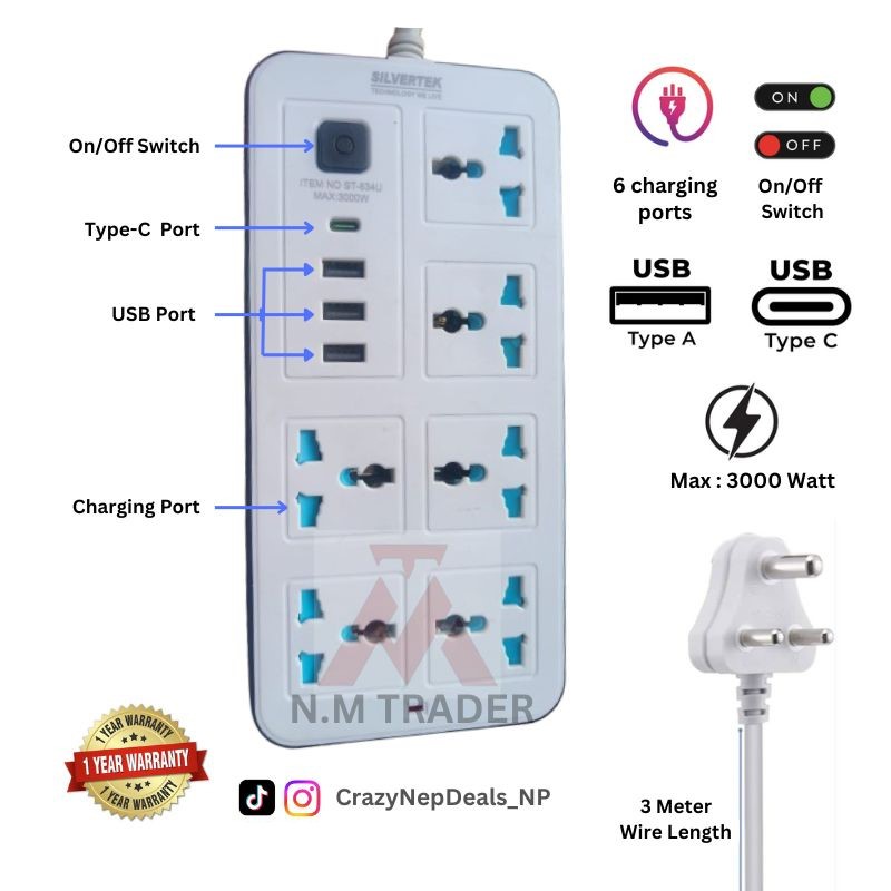 3000W Silvertek Multiplug with 1-C-Type, 3-USB & 6-charging port | 3 & 5 meter wire | Suitable for all the home appliances (Washing machine, freeze, TV, Iron) | Extension Cord 634U