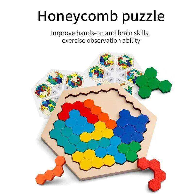 3D Hexagonal Wooden Puzzles Educational For Children Kids Preschool Tangram Board Brain Test Game Montessori Toys Gifts