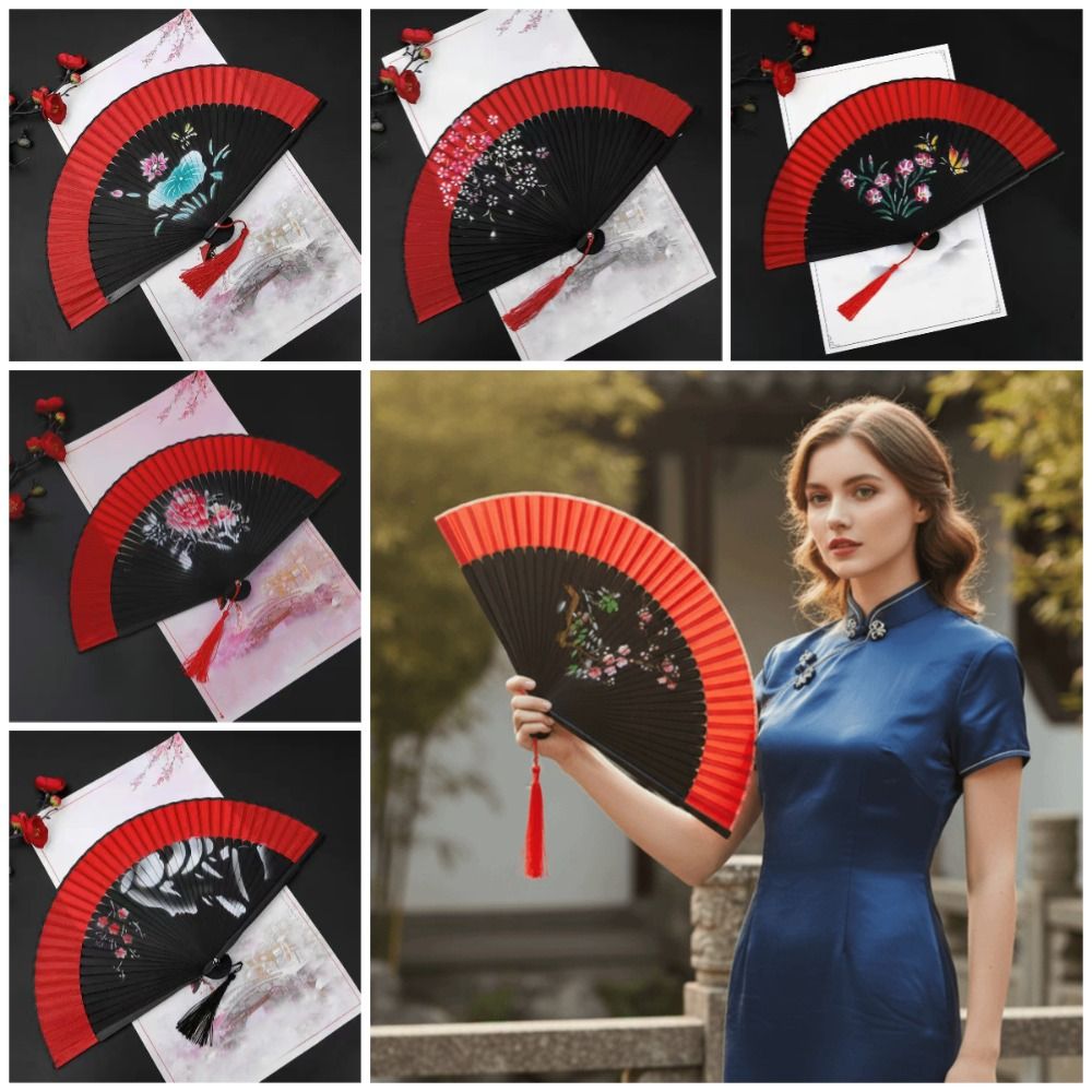 Fashion Chinese Style Blossom Printing Folded Fan Exquisite Retro Tassel Folding Fan Portable Classical Elegant Handheld Fans Cheongsam Show