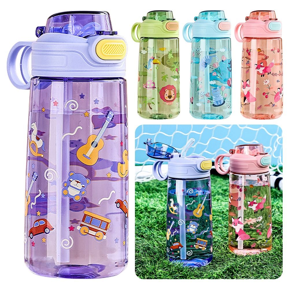 Portable 550ML Water Bottle Leak Proof with Straw Drinking Bottle Anti-fall Cartoon Print Sports Water Bottle for Students