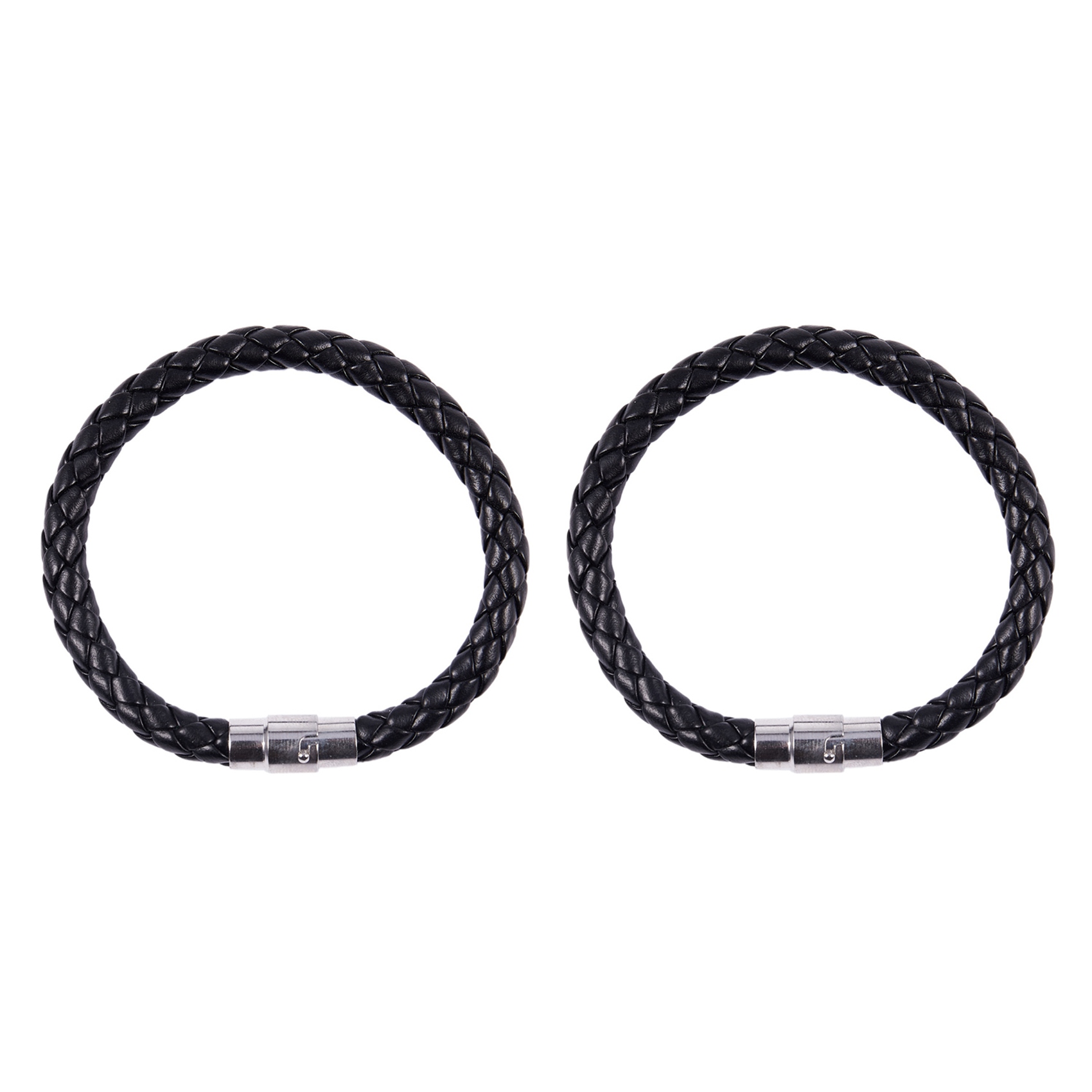 fasdaga 2X Stainless Steel Leather Bracelet, Braided Leather Bracelet, for Men Women, Black - Width 6mm - Length 18cm