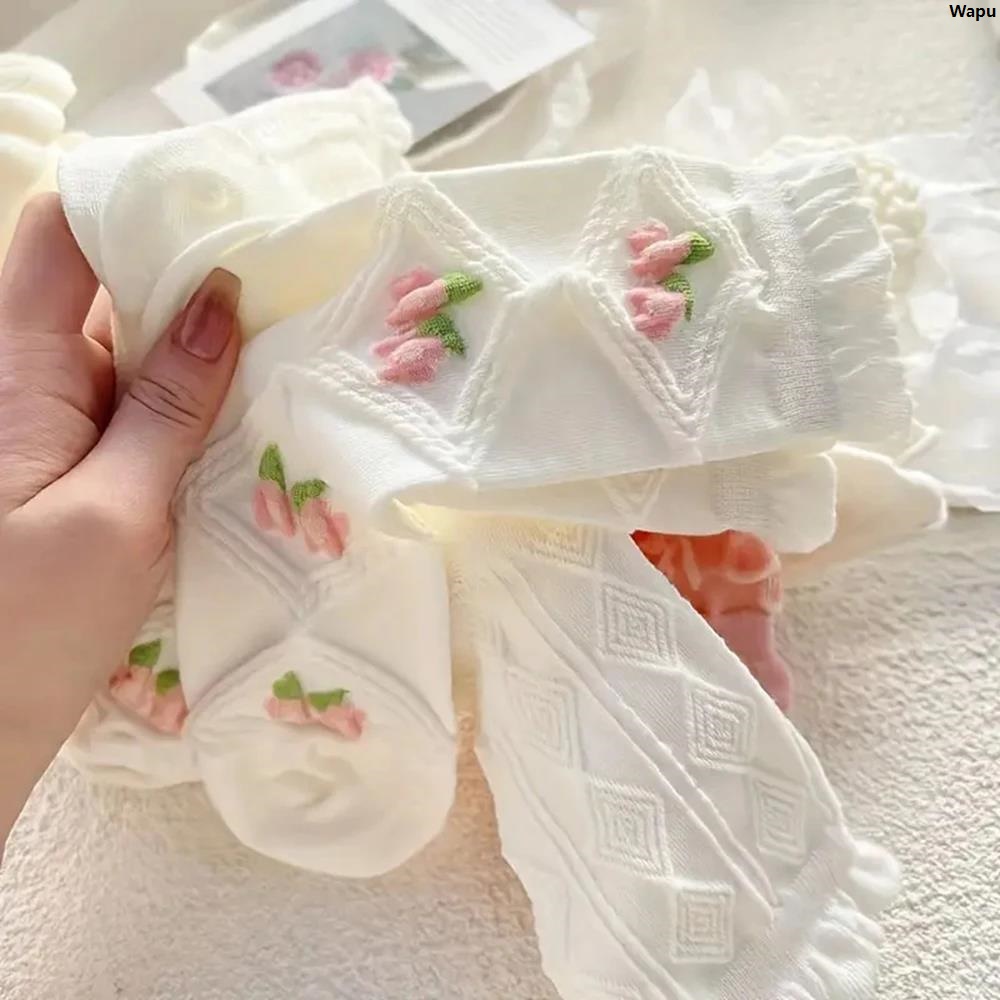 WapuPortable Portable Girls fashion soft side ruffle socks lace cute double 5 middle tube ladies Lolitajk Harajuku style autumn and winter multifunctional socks