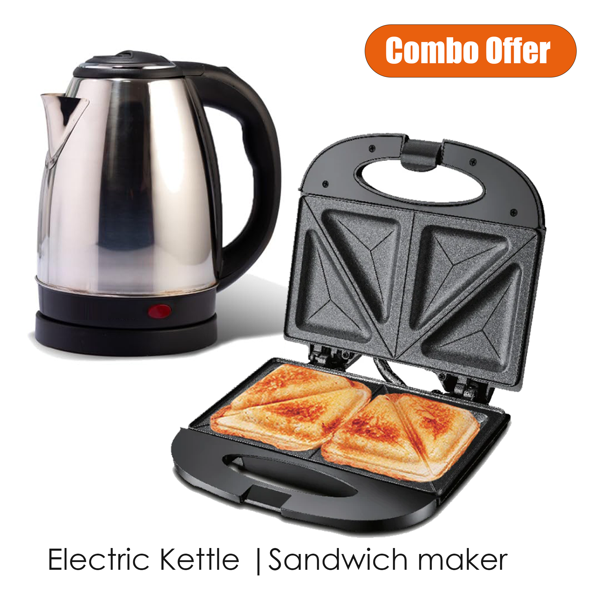 2-in-1 Double-Sided Waffle & Sandwich Maker + 1.8L Electric Kettle | Non-Stick Aluminum Grill Plates, Stainless Steel, 5-Min Fast Boil Compact Kitchen Combo