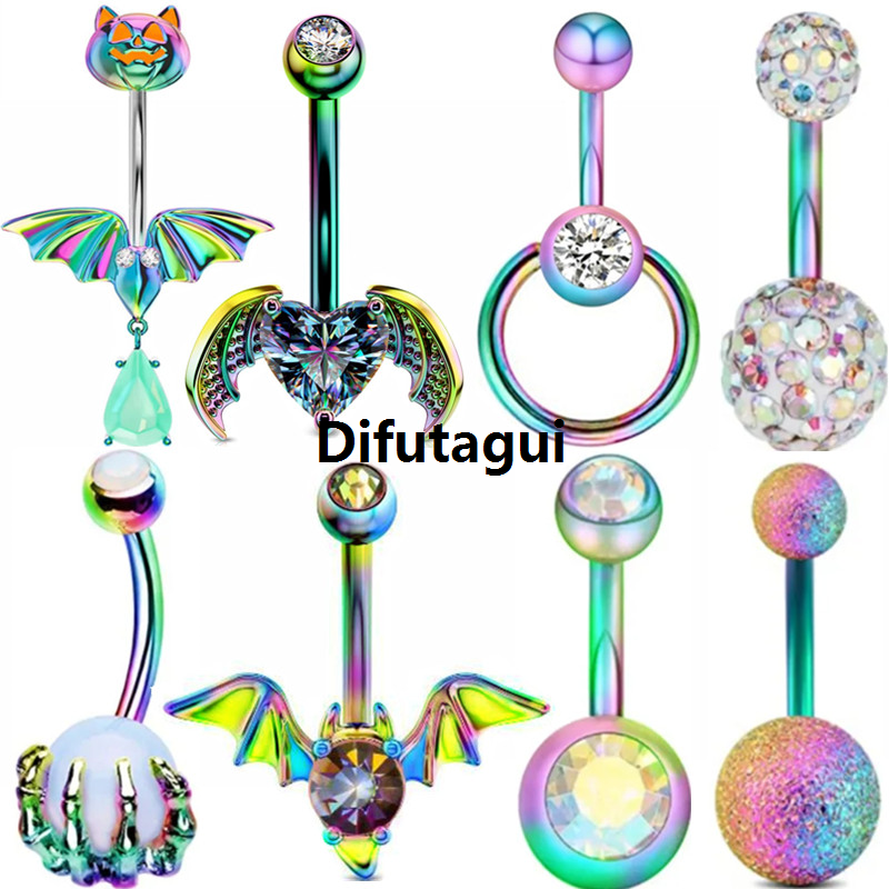 Difutagui 1PCS Steel Rainbow Bat Belly Button Rings Gothic Punk Halloween Sales promotion Navel Piercing Heart Devil Belly Rings Jewelry Piercing Ombligo