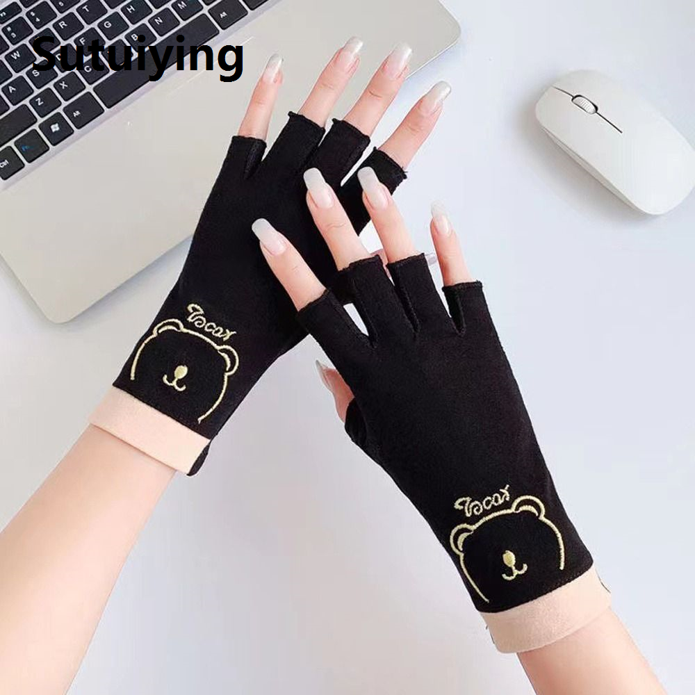 Sutuiying Breathable Cute Elegant Bear Mesh Gloves Anti-slip Driving Gloves Cycling Gloves Anti-UV Gloves Touch Screen Gloves Women Gloves Summer Sunscreen Gloves Half Finger Gloves
