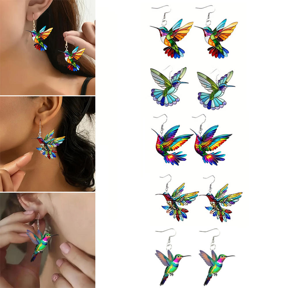 Acrylic Hummingbird Necklace Earrings 2D Bird Shape Earrings for Women Girls Ear Charms Spring Summer Drop Dangle Jewelry Gifts