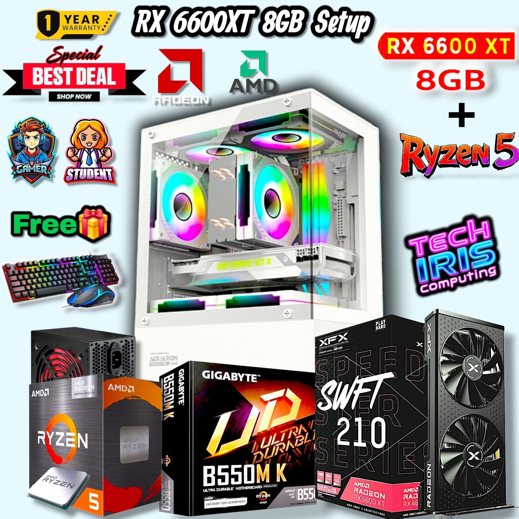 RX 6600XT Graphics Powered Gaming PC Full Setup with Ryzen 5 5500, 750Watt 80+Bronze PSU, 8/16GB RAM, 512/256GB Nvme Desktop.