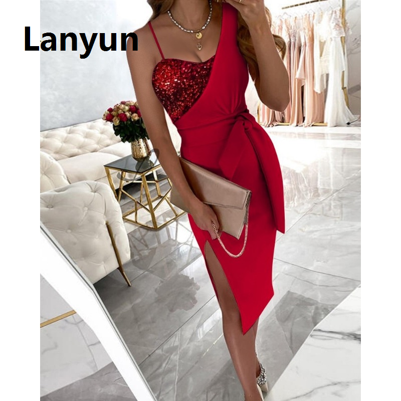 Lanyun Spring Summer Solid Color Sequins Dress Single-Shoulder Suspender Original One-Piece Meeting Dress Long High Waist Dresses