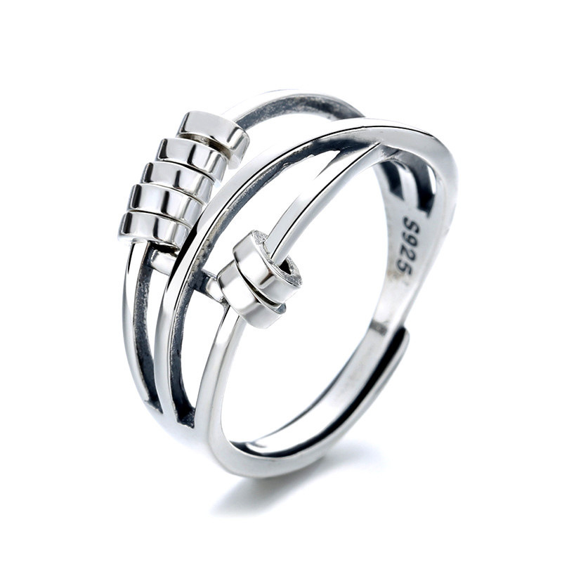 European and American vintage old Thai silver anxiety ring three-ring smart index finger ring multiple turns bead ring hand ornament woman