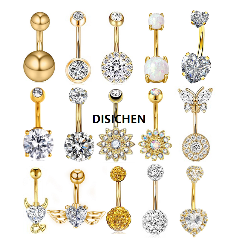 DISICHEN 1Pc Gold Color Stainless Steel Belly Ring Flower Heart Shaped CZ Crystal Navel Belly Button Rings Butterfly Navel Piercings 14G Hot Selling