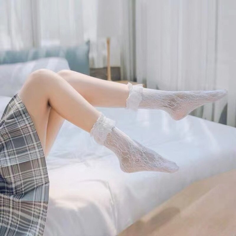 Anti-slip / socks ankle mesh socks side ruffle grace style cute one pair Lolita / comfortable breathable ultra-thin popular Japanese cut-out socks