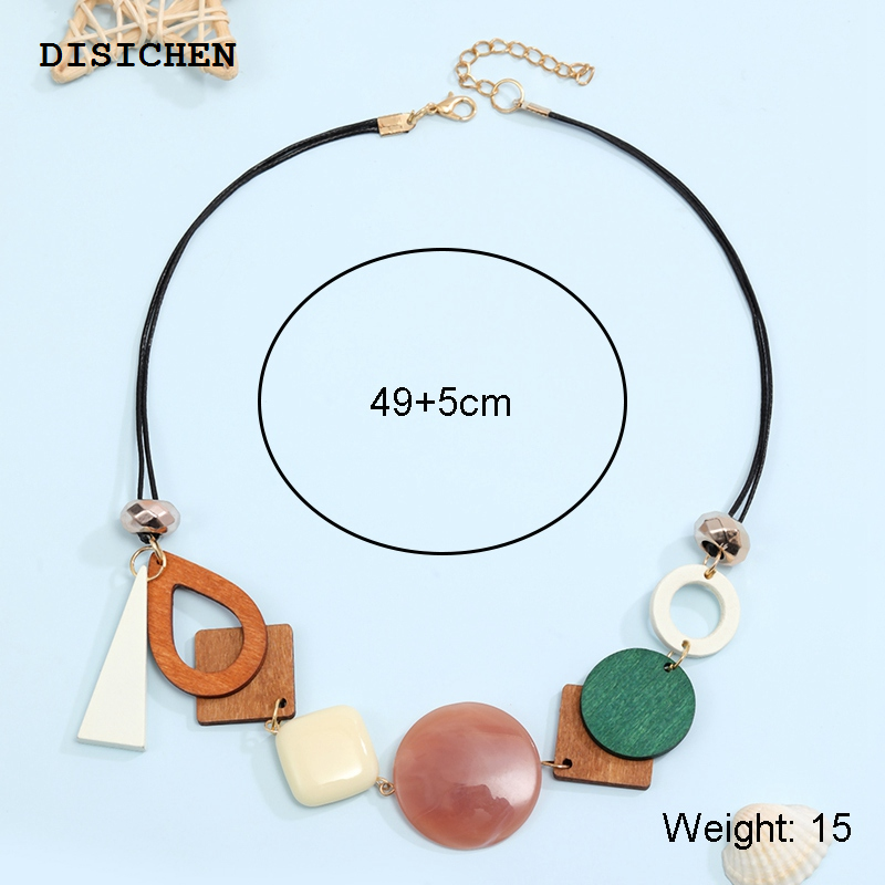 DISICHEN Luxury Vintage Wooden Geometric Pendant Necklace with Collar Handmade Ethnic Statement Bib Necklaces for Women Neck Jewelry
