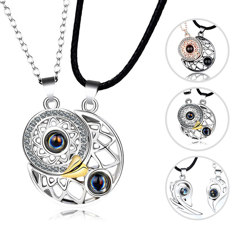 2PCS Couple Necklaces 100 Languages Sun And Moon Magnetic Pendant Love Memory