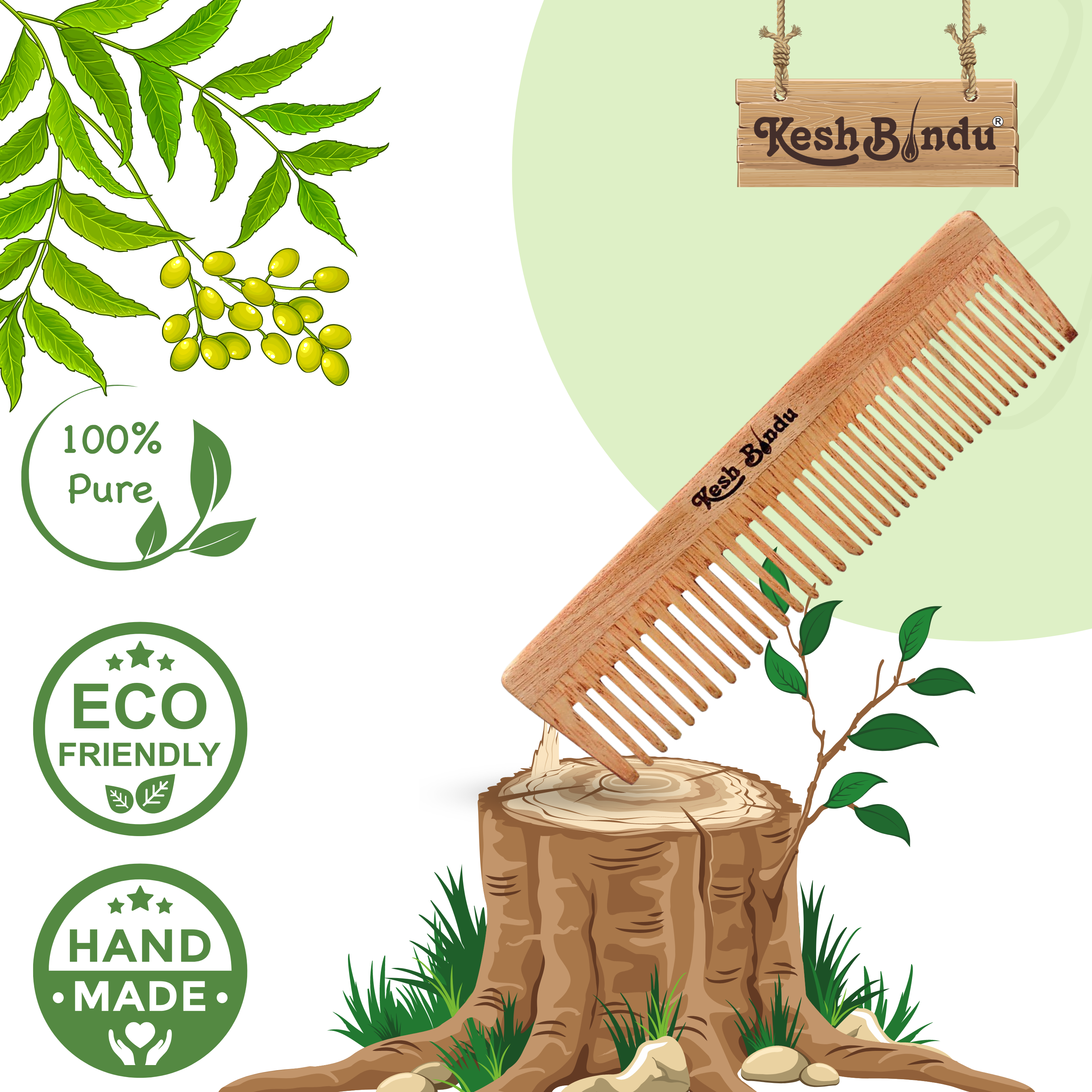 KeshBindu Neem Wooden Comb For Men & Women Suited For All Hair Types (Dual Tooth Comb)