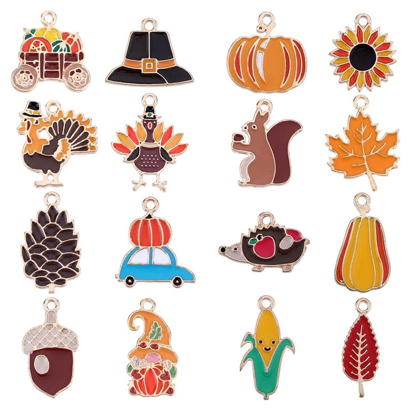(GGBR)-64Pcs Thanksgiving Enamel Charms Alloy Fall Charm Bulk Alloy Autumn Harvest Sunflower Turkey Pumpkin