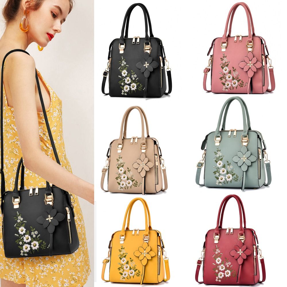 Fashion Lychee Pattern Shoulder Bag Large Capacity Embroidered Bucket Bag Portable PU Handbag Woman Ladies