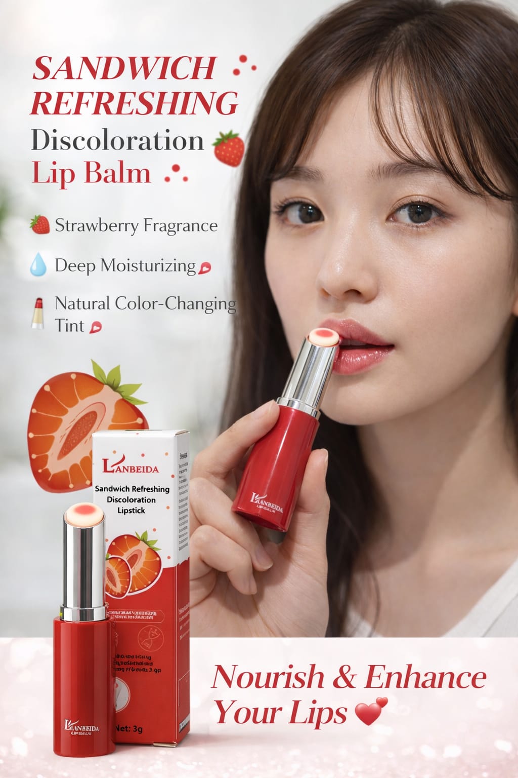 Lianbeida 2-in-1 Strawberry Flavor Lip Balm - Cute Design, Moisturizing Natural Tint, Premium Vegan Formula - 1 Piece