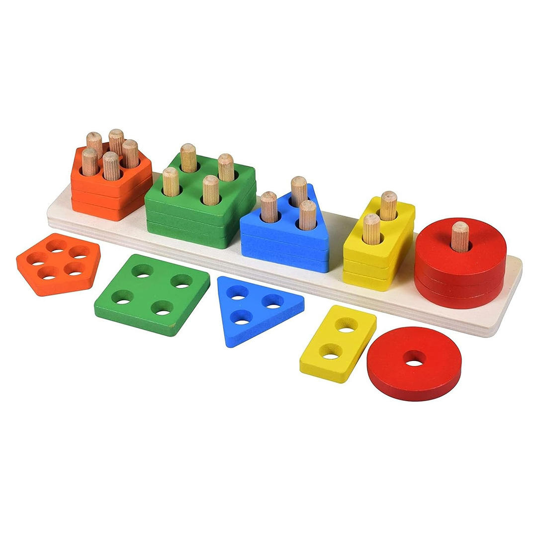 WOODEN Geometric 5 Shape Stacking Board Montessori Educational Colorful Set for Kids Wooden Toys for Preschool Learning Activities Puzzles for Toddlers