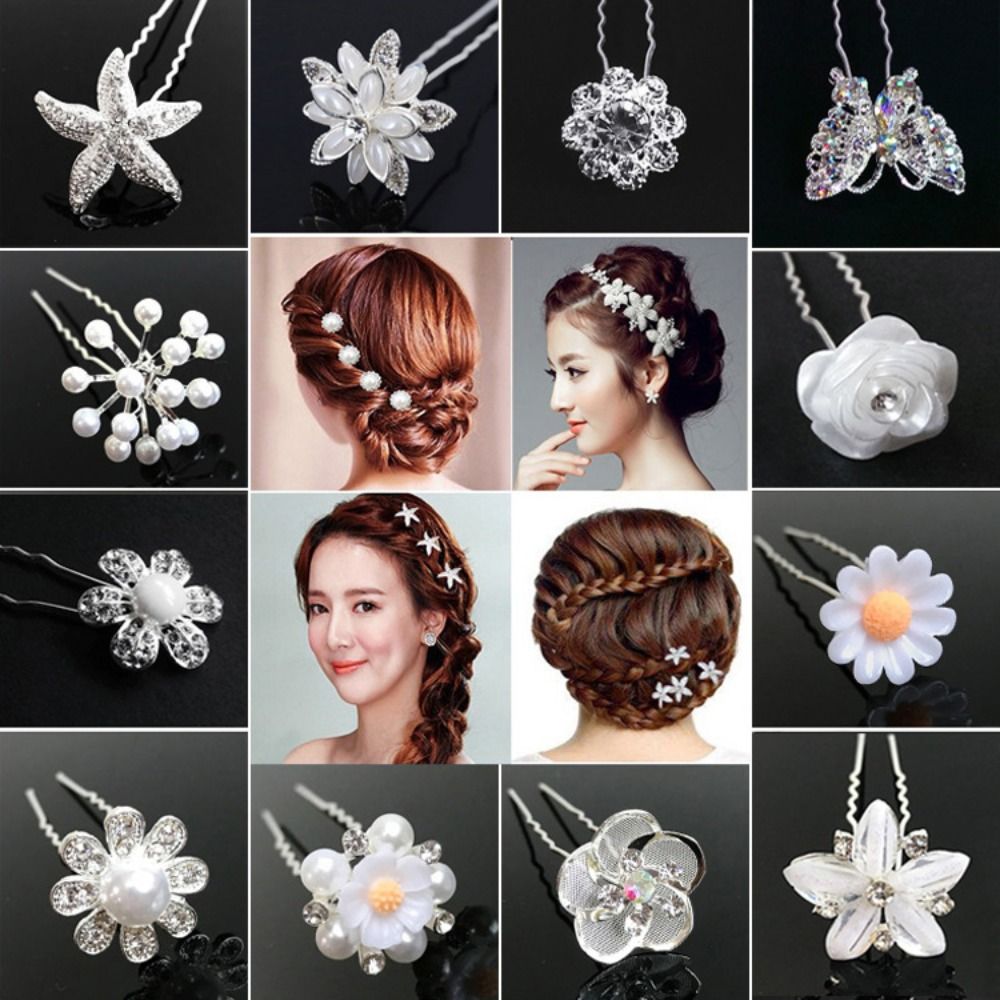 5Pcs Charm Metal Pearl Flower Hairpin Stick Headwear Headdress Bridal Hairpin U-shaped Crystal Flower Hair Fork Hair Accessories