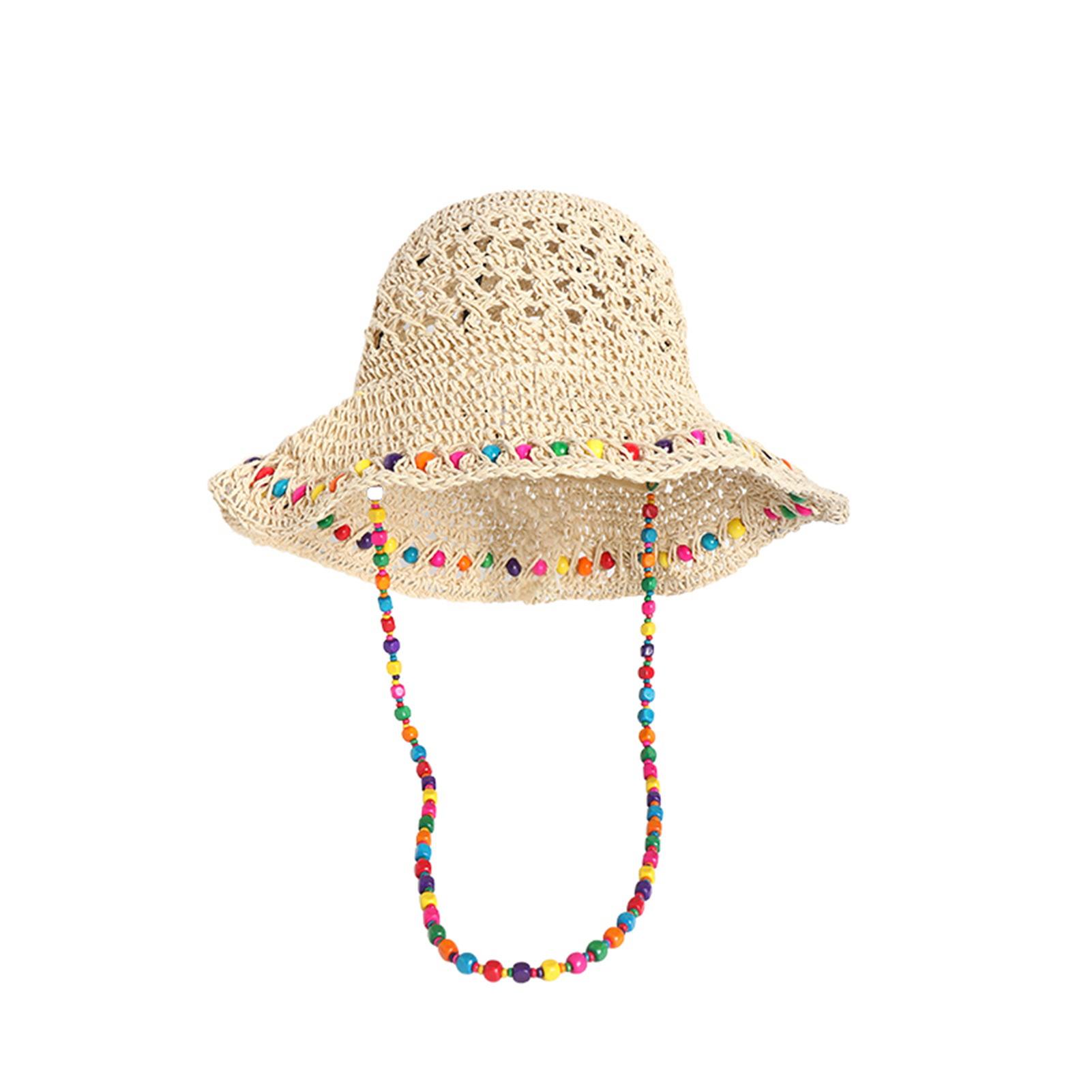 Trendygirl Large Brim Sun Hat Straw Hat Wide Brim Sun Protection Beach Hat for Women Breathable Hollow Design with Ethnic Beads Chain Large Brim