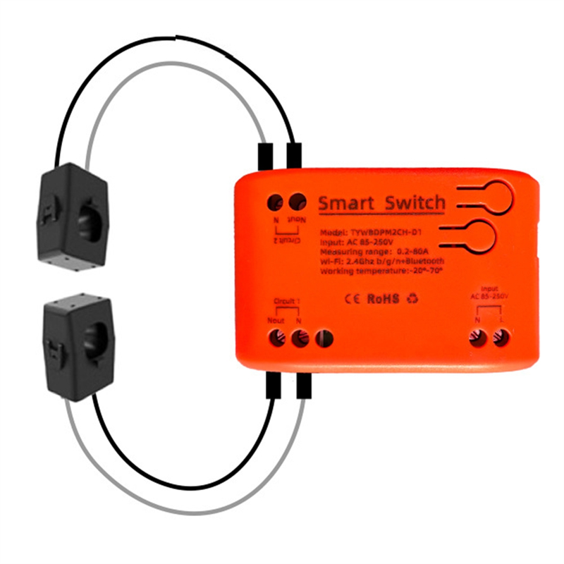 Tuya Smart 85-250V WiFi 2 Channel Clamp with Current/Voltage/Energy Monitoring 80A Smart Energy Meter for