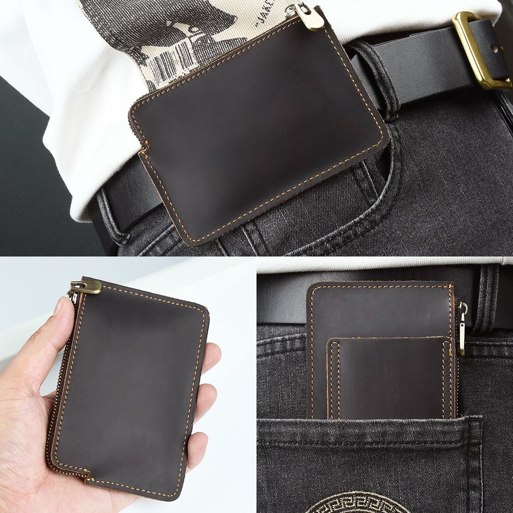Simple Genuine Men's Short Wallet Ultrathin with Belt Loop Credit Card Holder Multi Purpose Lightweight Zipper Coin Purse Universal