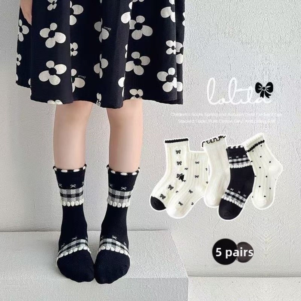 5Pairs Lolita Style 5 Pairs Set Cotton Crew Socks Polka Dot Print Plaid Pattern Girls Calf Socks Cotton Material Sweet Bow Design Princess School Socks For Little Girls