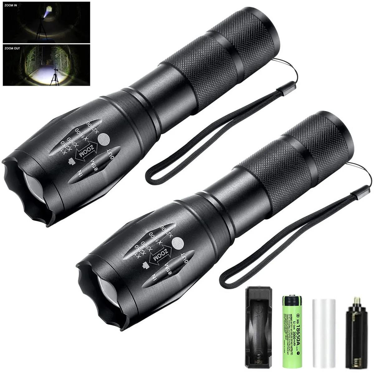 High Quality 2 Pack Rechargeable LED Flashlight, Zoomable Flashlights Al Alloy Portable Handheld Flashlights with 5 Modes,Waterproof