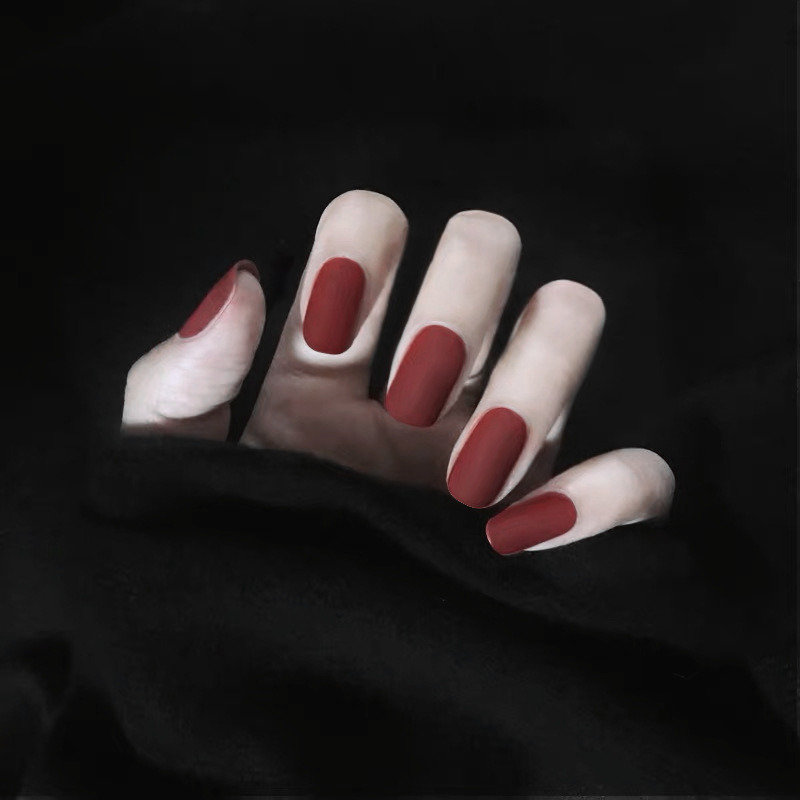 MAANGE 24Pcs Frosted Matte Wine Red Long Square Fake Press On Nails With Glue & File CS113