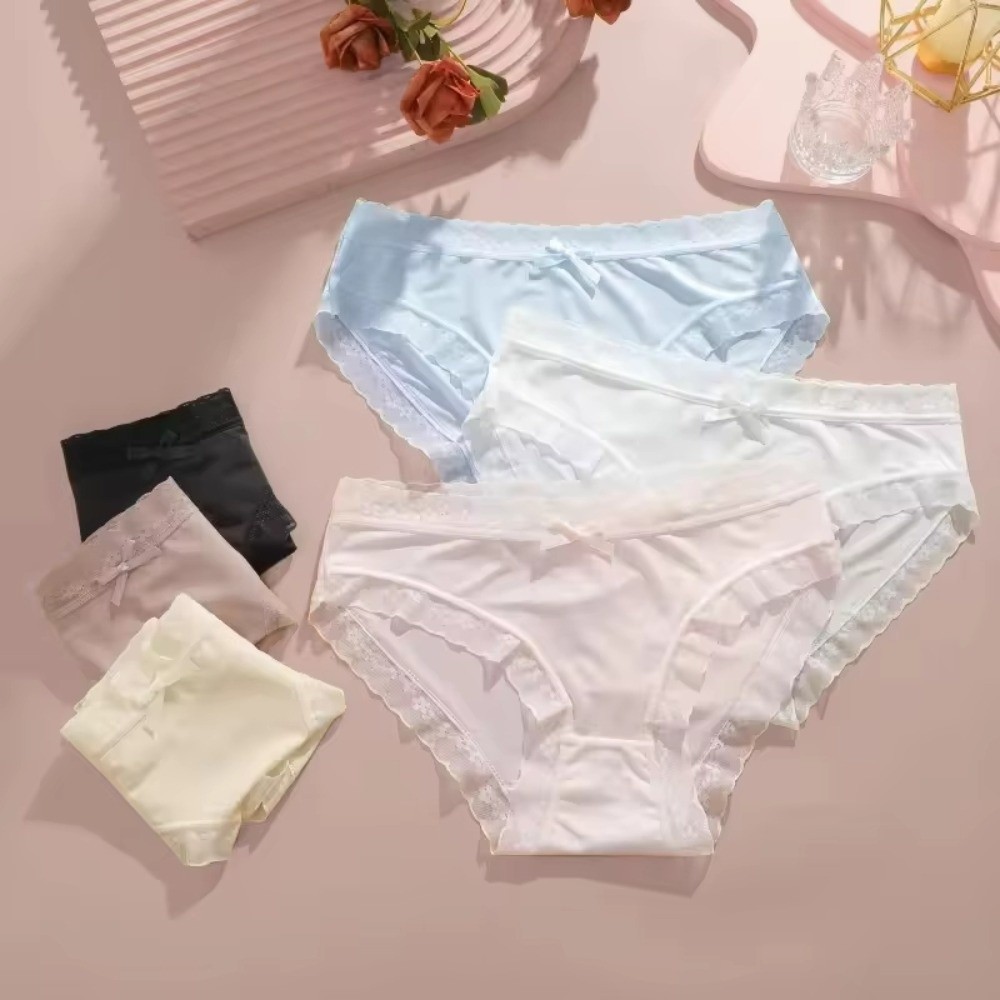 Comfortable Seamless Ice Silk Panties Cotton Crotch Underpants Lace Bow Briefs Underwear Intimate Women's Summer Panties Daily