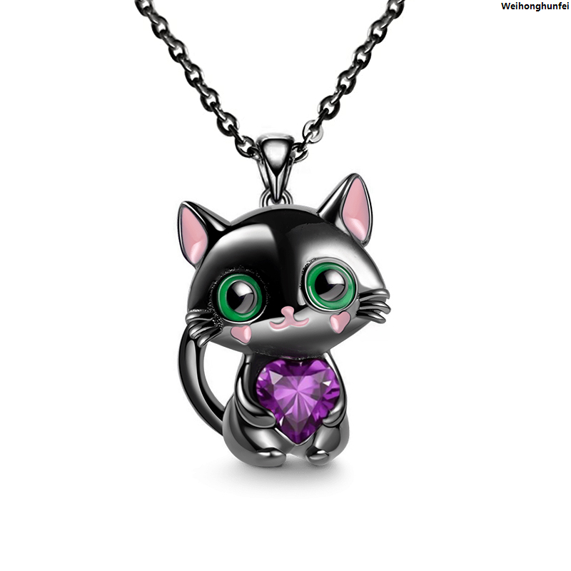 WeihonghunfeiCartoon Purple Heart Crystal Black Cat Pendant Necklace For Women Men Boys Girls Jewelry Accessories