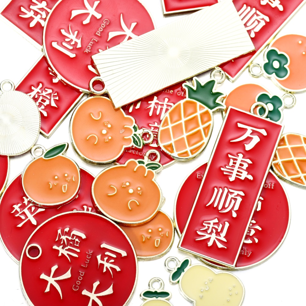 St. kunkka 5 pairs Alloy New Year Fruit Letter Drip Oil Pendant For DIY Necklace Bracelet Jewelry Accessories Making