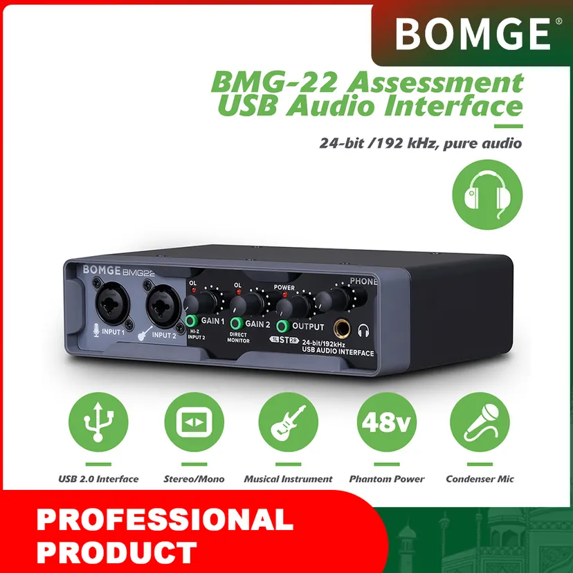 BOMGE Audio Interface(24 bit/192 kHz) with XLR,phantom power,Direct Monitoring,Loopback for PC Recording,Streaming,Guitarist,Vocalist and Podcasting