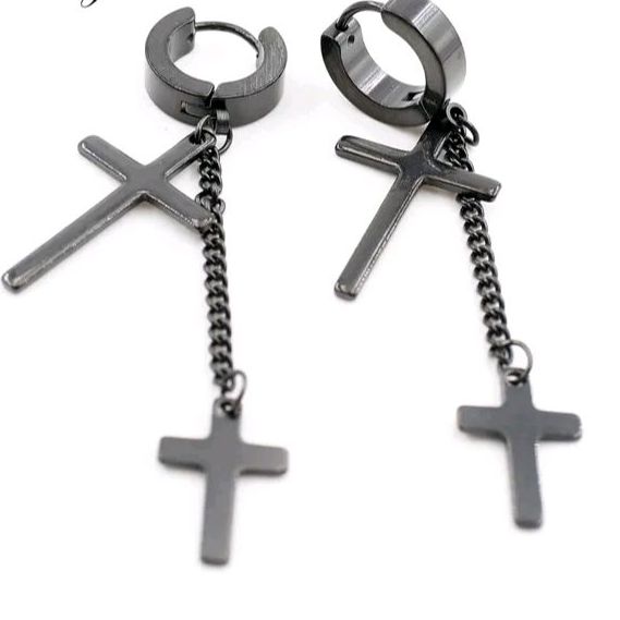 1Pcs Black Korean Style Stainless Steel Huggie Hinged Hoop Earrings with Long Chains Earring For Boys