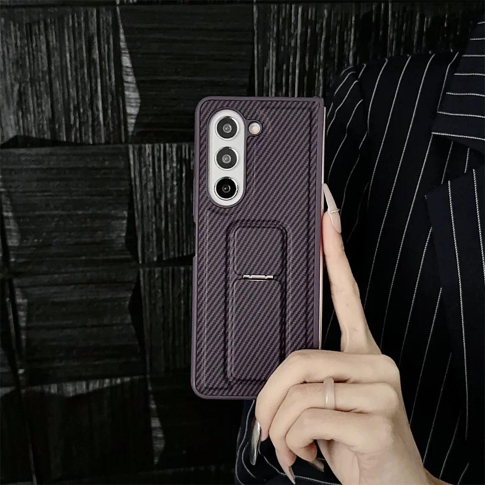 HODON Carbon Fiber Pattern Invisible Bracket Phone Cases For Samsung Galaxy Z Fold6 Fold5 Fold4 Fold3 Case Luxury PU Leather Shockproof Back Cover