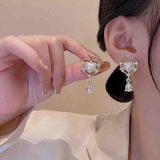 Enacolor Korean Luxury Zircon Pearl Love Heart Earrings for Dangle Accessories Fashion Girl New 2024