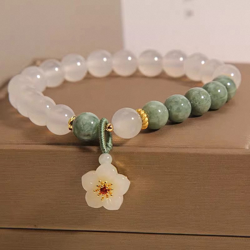 【New arrival】New Chinese Niche Entry Luxury Vintage White Jade Natural Stone Crystal Bracelet Women's Ins Mori Flower Pendant Bracelet for Women