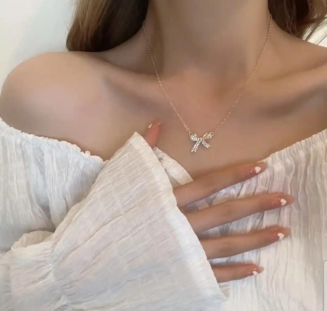 MASALA COTTAGE -Charm Elegant Cute Bow Pendent Niche Design Girl Gift Gold Clavicle Chain Women Necklace