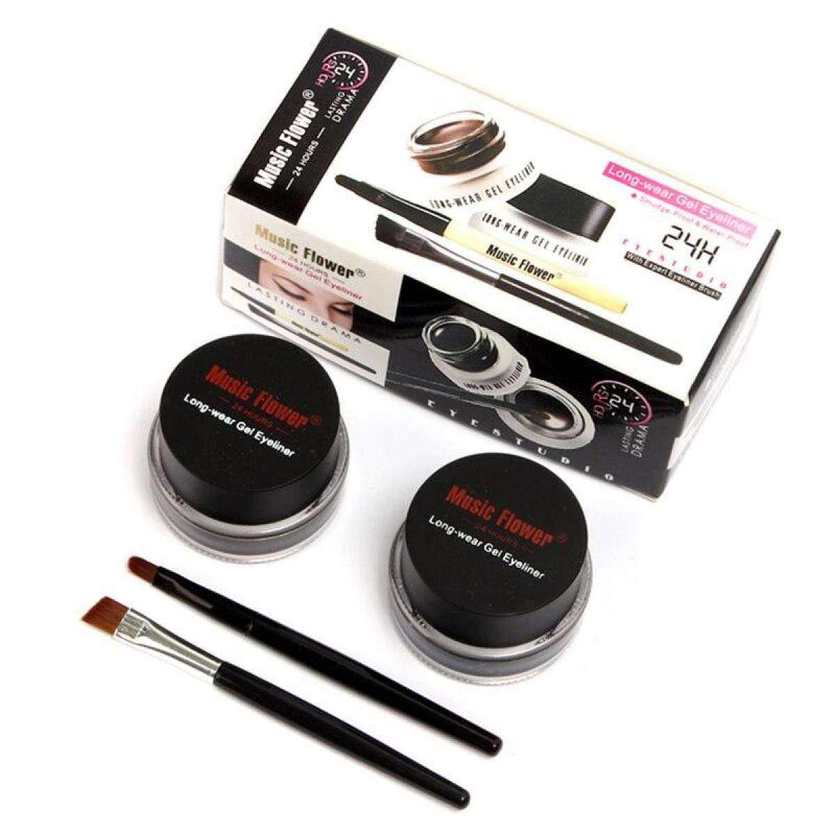 2 in 1 Black Gel Eyeliner Set Water Proof Smudge Proof, Gel with Free Expert Eyeliner Bursh Inside Box,Last for All Day Long, Work Great with Eyebrow, 2 Pieces Eye Makeup Brushes Included(Black)