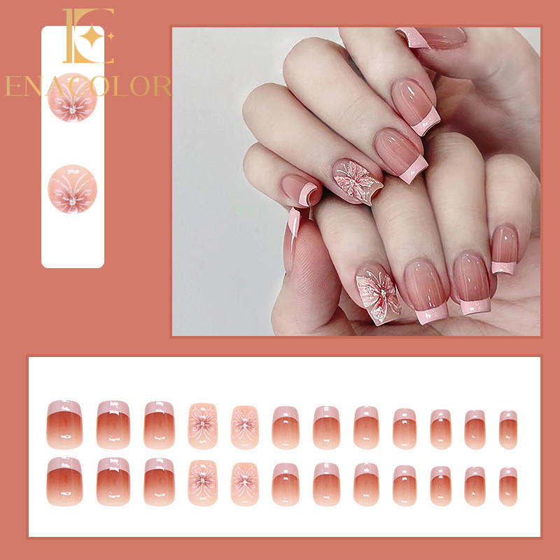 24Pcs Pink Butterfly Fake Nails with Glue DIY Art Design False Nails Wearable Nails Stylish Pattern Artificial Nails