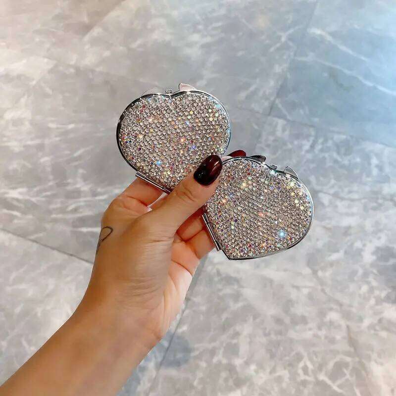 1pcs Heart-Shaped Makeup Dia-Studded Portable Double-Sided Compact for Travel Cosmetic Mirror